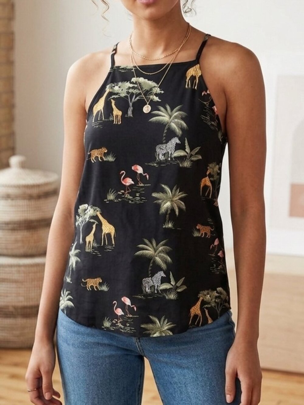 Old Navy Black Tropical Animal Print Cami with Spaghetti Straps